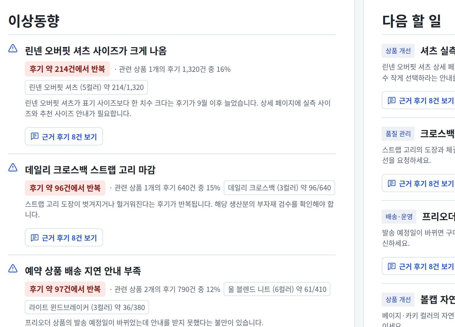 후기 분석의 이상동향 예시: 반복되는 불만과 반복된 후기 수, 근거 후기 보기 버튼, 다음 할 일